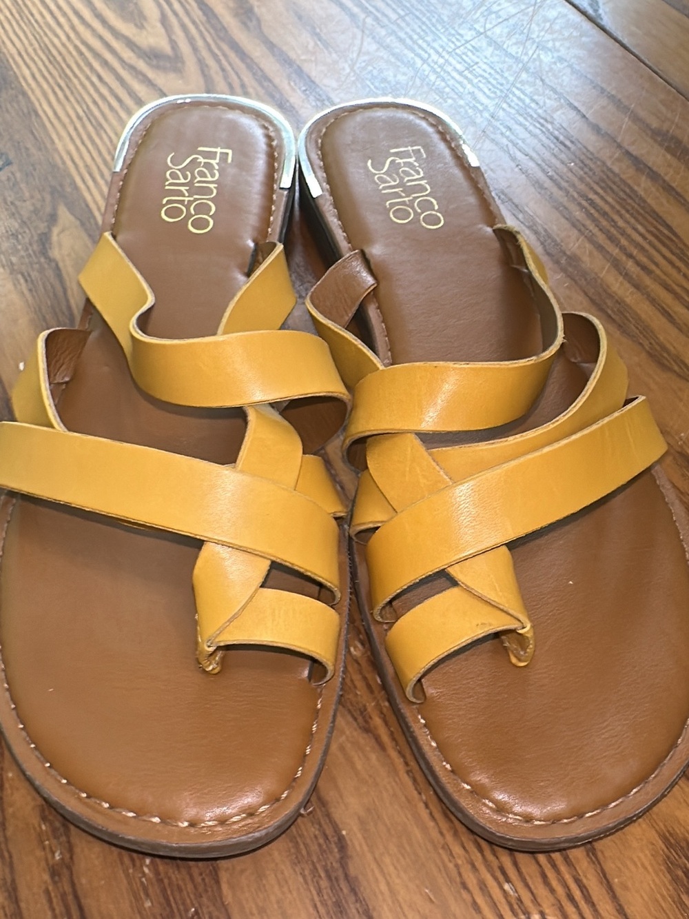 Franco Sarto Mustard Yellow Crossover Slide Sandals. (Shoe24)